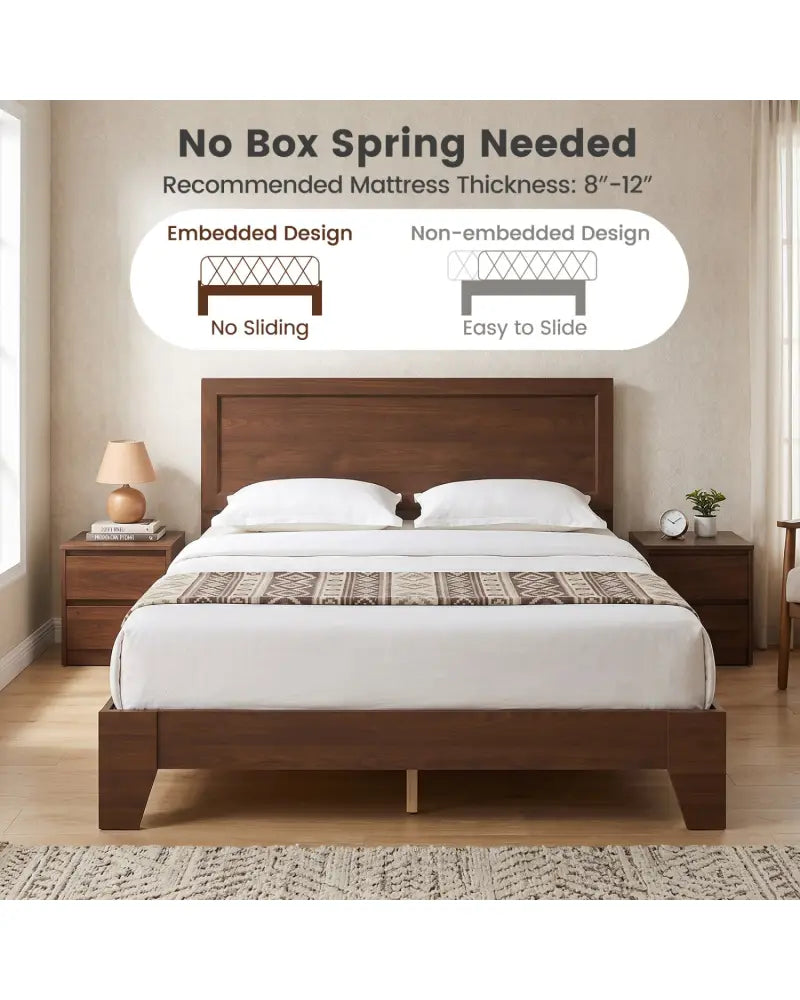 Queen Size Bed Frame with Headboard-Walnut - Walnut - Simple Bed Frame