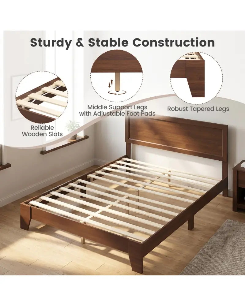 Queen Size Bed Frame with Headboard-Walnut - Walnut - Simple Bed Frame
