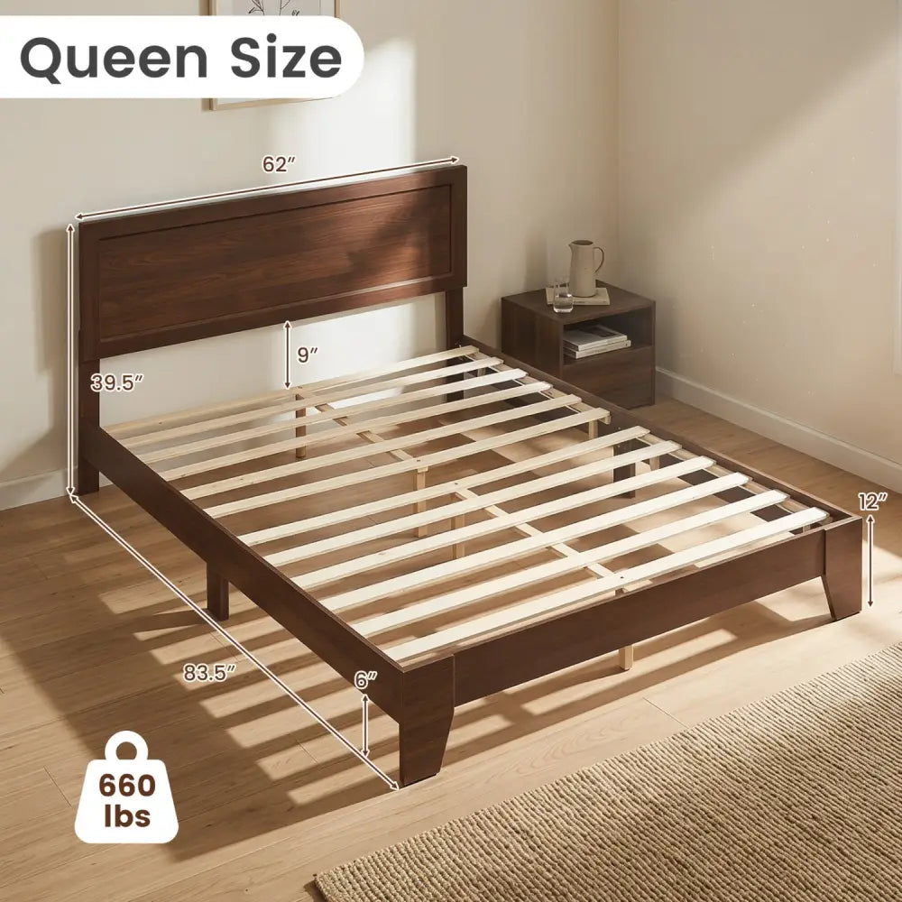 Queen Size Bed Frame with Headboard-Walnut - Walnut - Simple Bed Frame
