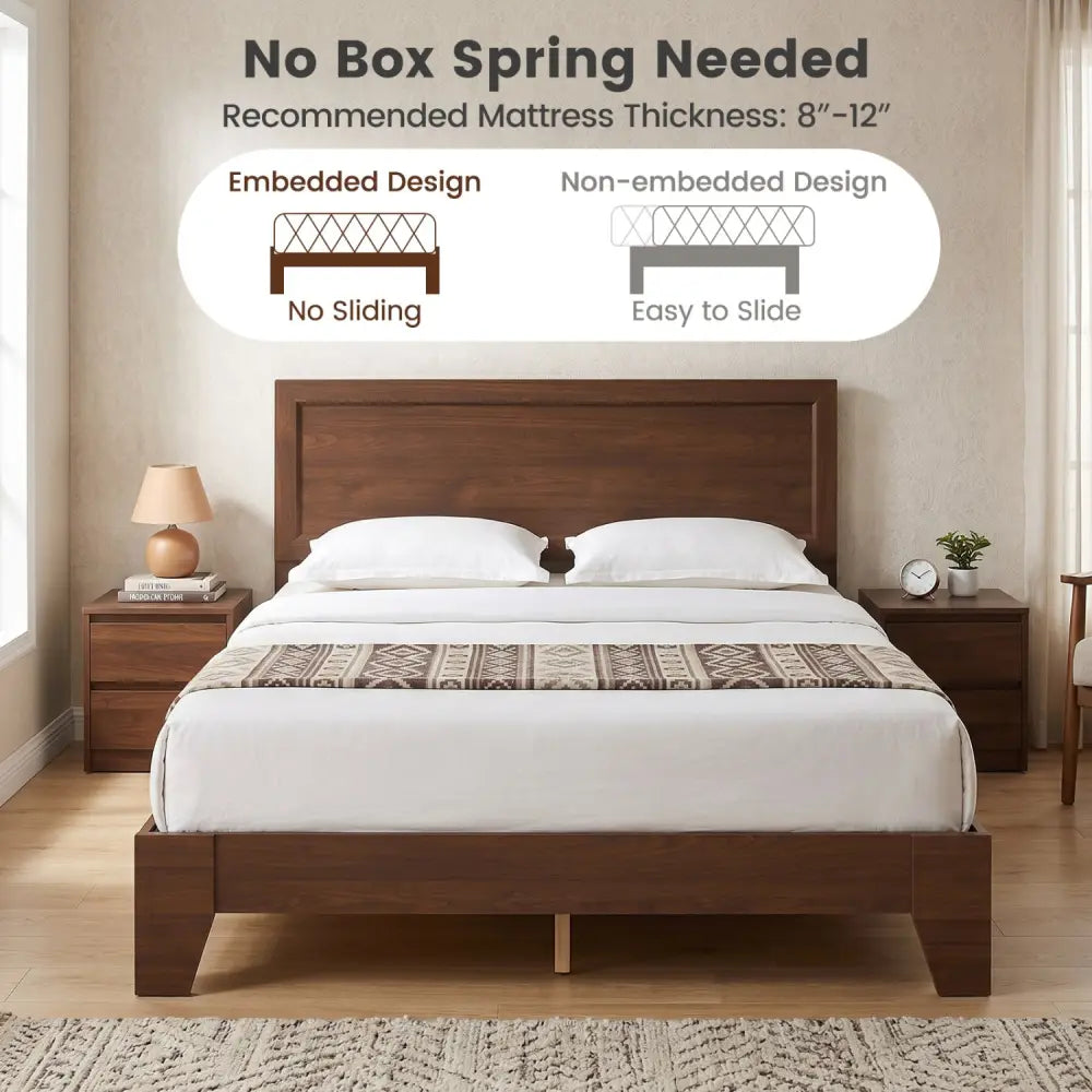 Queen Size Bed Frame with Headboard-Walnut - Walnut - Simple Bed Frame