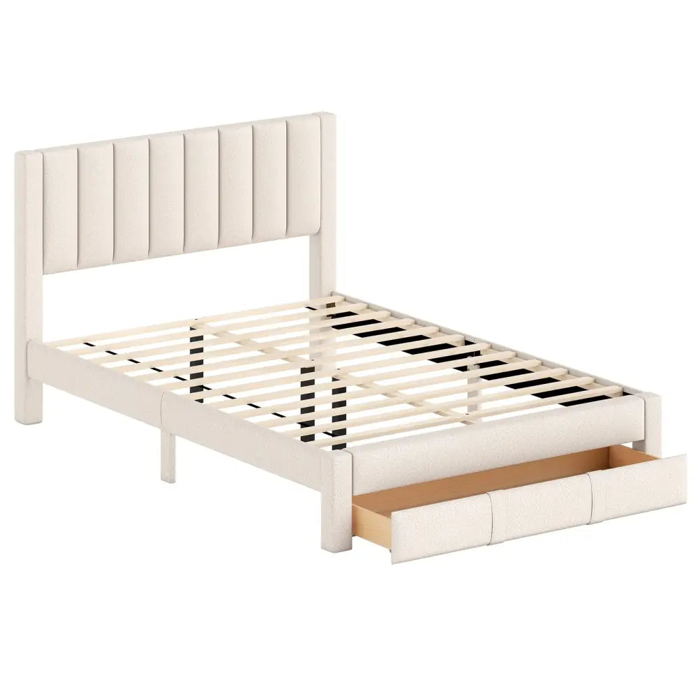 Queen Size Bed Frame with Storage Drawer and Vertical Channel Headboard-Beige - Beige - Simple Bed Frame