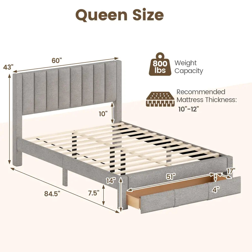 Queen Size Bed Frame with Storage Drawer and Vertical Channel Headboard-Gray - Gray - Simple Bed Frame