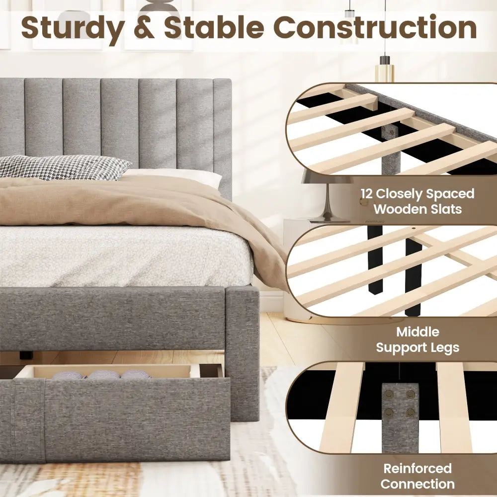Queen Size Bed Frame with Storage Drawer and Vertical Channel Headboard-Gray - Gray - Simple Bed Frame