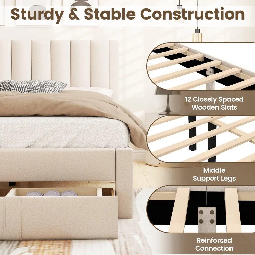 Queen Size Bed Frame with Storage Drawer and Vertical Channel Headboard-Beige - Beige - Simple Bed Frame