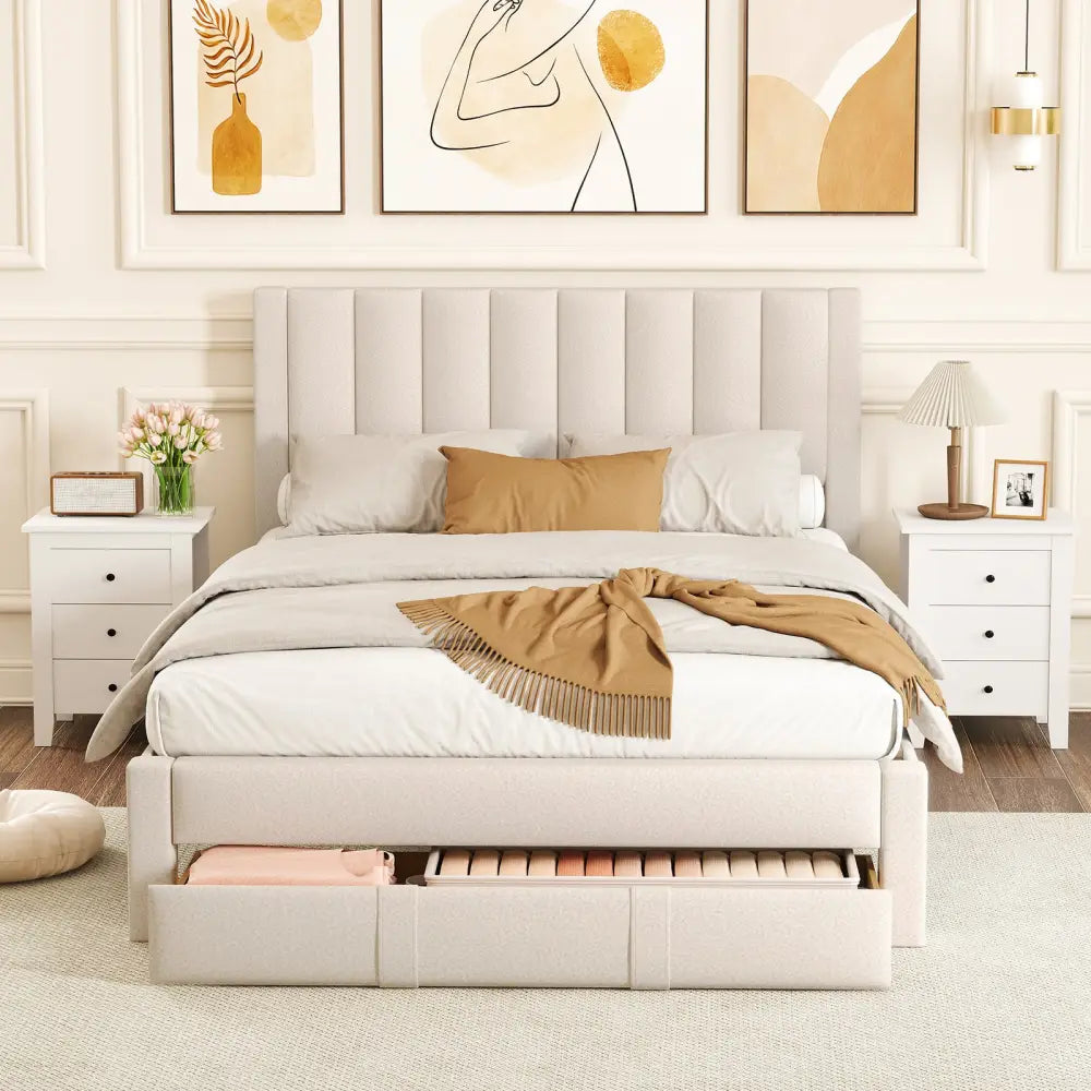 Queen Size Bed Frame with Storage Drawer and Vertical Channel Headboard-Beige - Beige - Simple Bed Frame