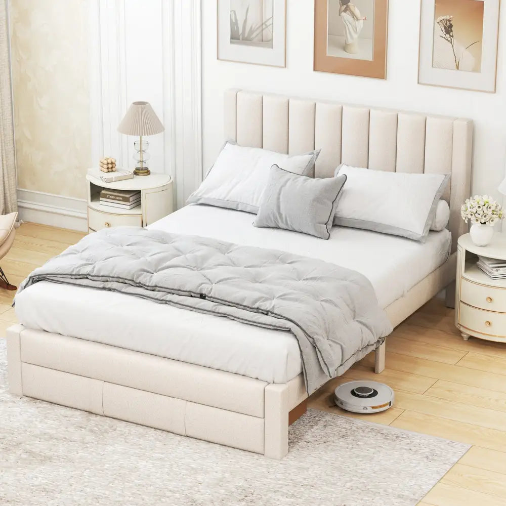 Queen Size Bed Frame with Storage Drawer and Vertical Channel Headboard-Beige - Beige - Simple Bed Frame