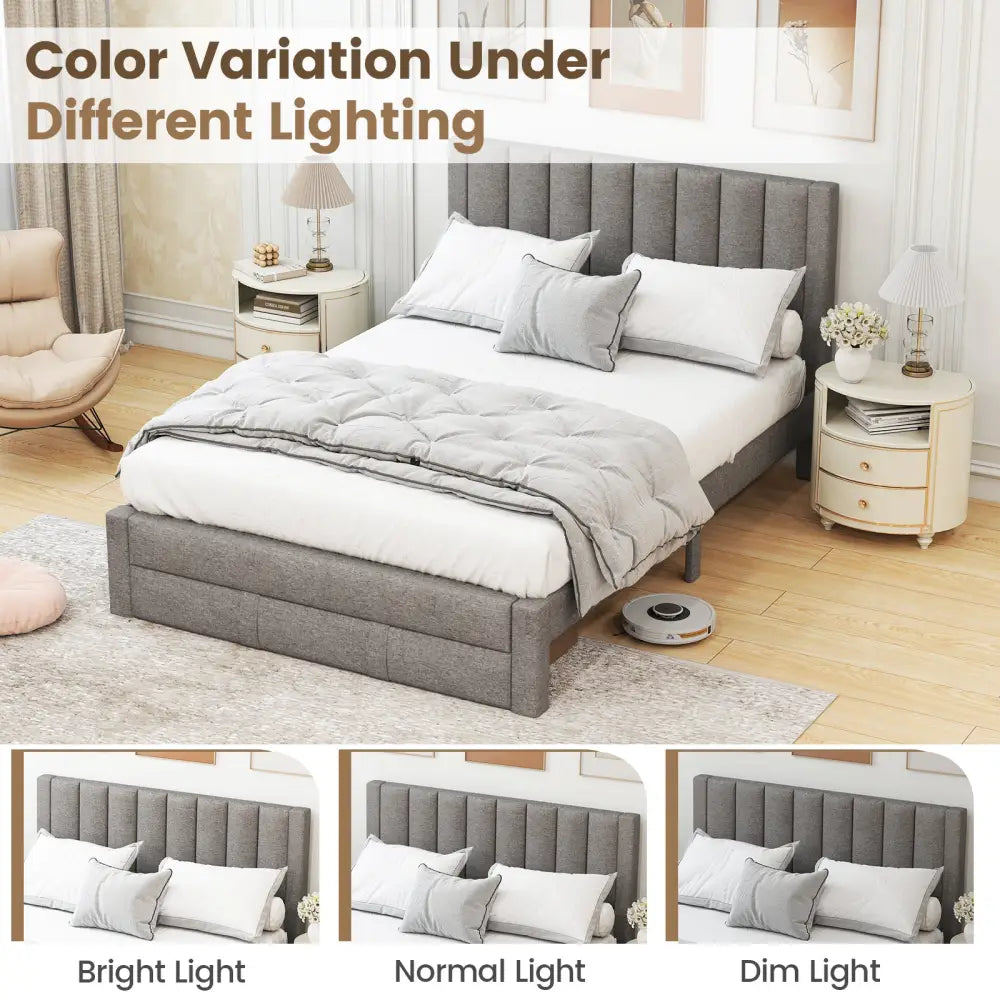 Queen Size Bed Frame with Storage Drawer and Vertical Channel Headboard-Gray - Gray - Simple Bed Frame