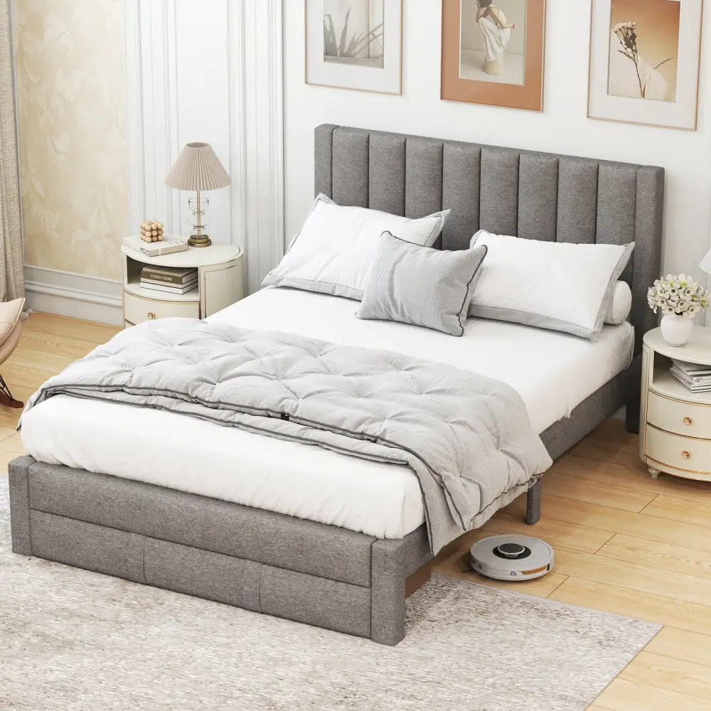 Queen Size Bed Frame with Storage Drawer and Vertical Channel Headboard-Gray - Gray - Simple Bed Frame