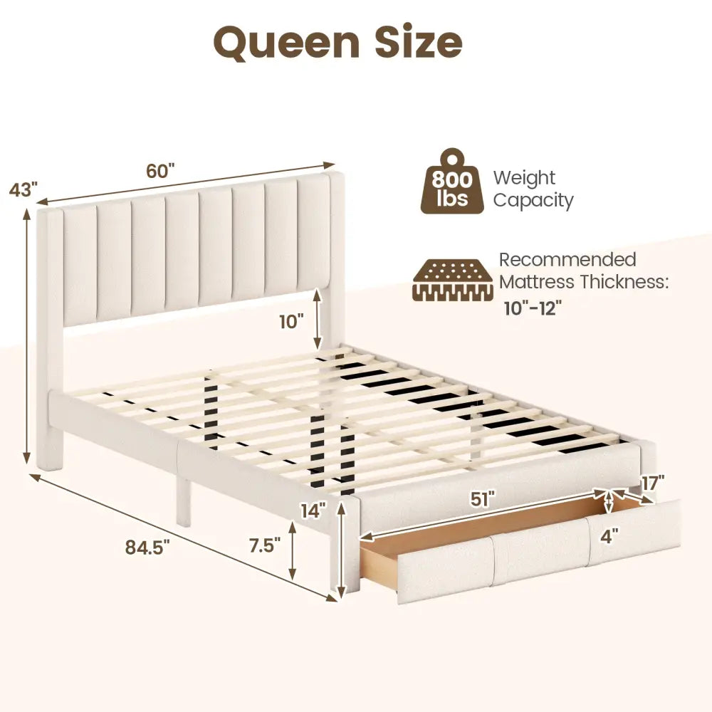 Queen Size Bed Frame with Storage Drawer and Vertical Channel Headboard-Beige - Beige - Simple Bed Frame