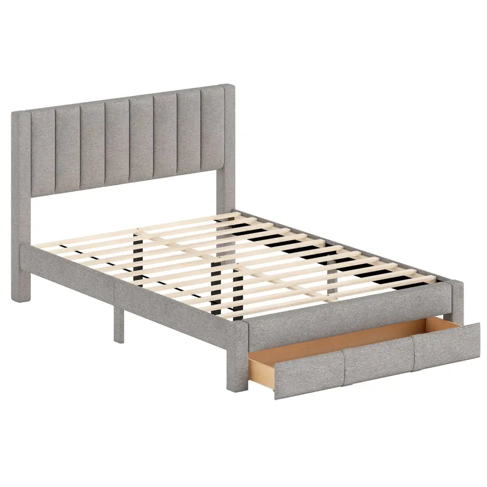 Queen Size Bed Frame with Storage Drawer and Vertical Channel Headboard-Gray - Gray - Simple Bed Frame