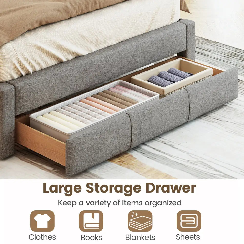 Queen Size Bed Frame with Storage Drawer and Vertical Channel Headboard-Gray - Gray - Simple Bed Frame