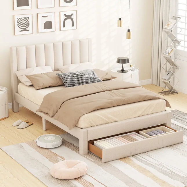 Queen Size Bed Frame with Storage Drawer and Vertical Channel Headboard-Beige - Beige - Simple Bed Frame