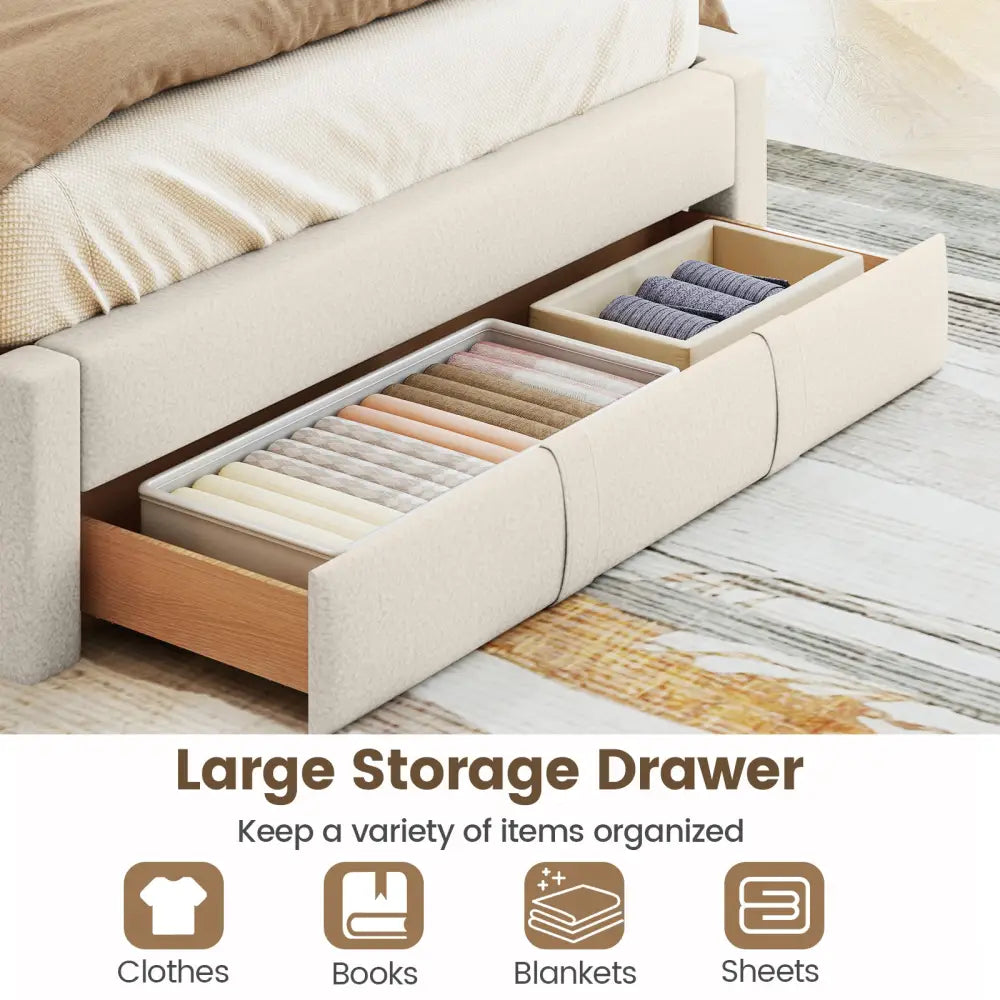 Queen Size Bed Frame with Storage Drawer and Vertical Channel Headboard-Beige - Beige - Simple Bed Frame