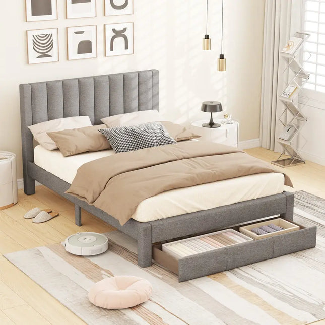 Queen Size Bed Frame with Storage Drawer and Vertical Channel Headboard-Gray - Gray - Simple Bed Frame