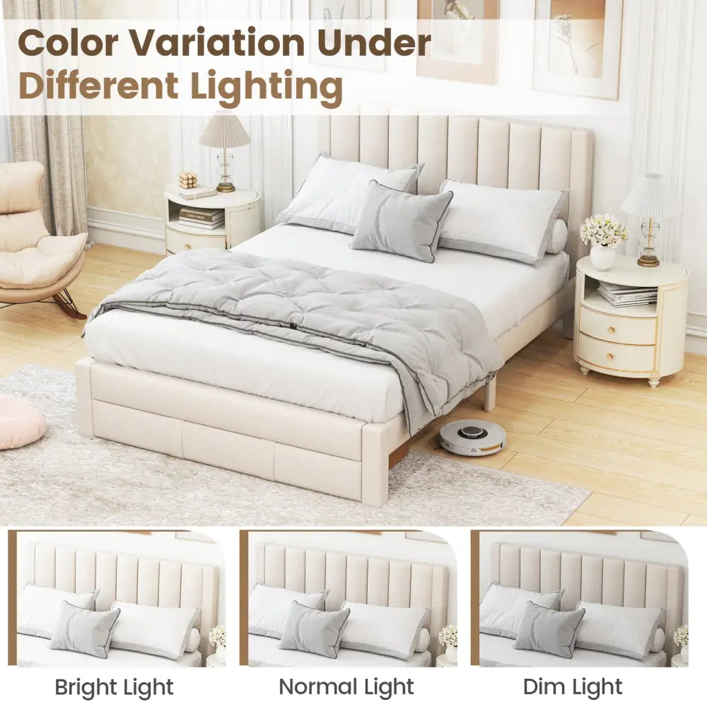 Queen Size Bed Frame with Storage Drawer and Vertical Channel Headboard-Beige - Beige - Simple Bed Frame
