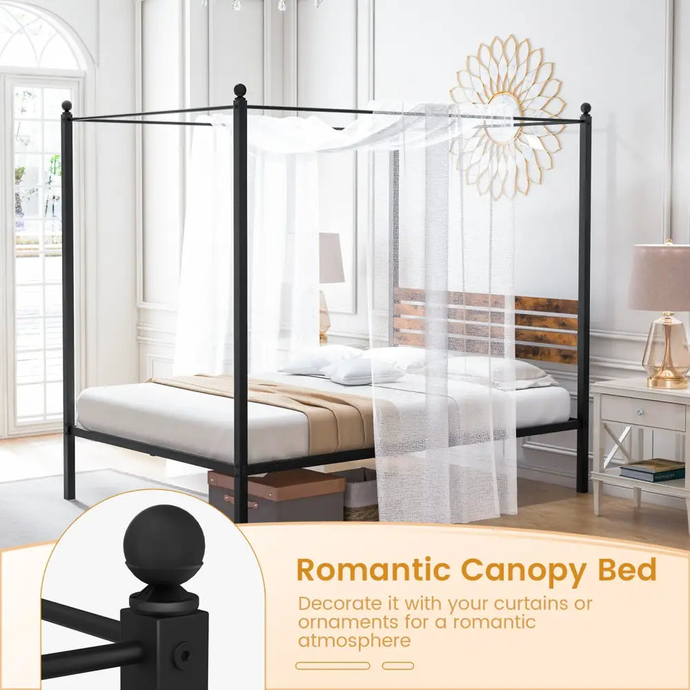Queen Size Canopy Bed Frame with Under Bed Storage-Full Size - Rustic Brown - Simple Bed Frame