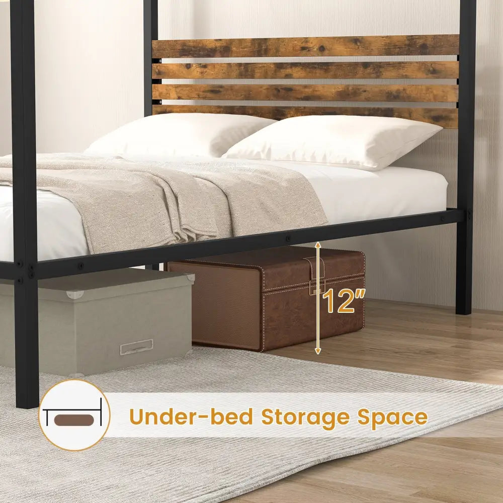 Queen Size Canopy Bed Frame with Under Bed Storage-Full Size - Rustic Brown - Simple Bed Frame