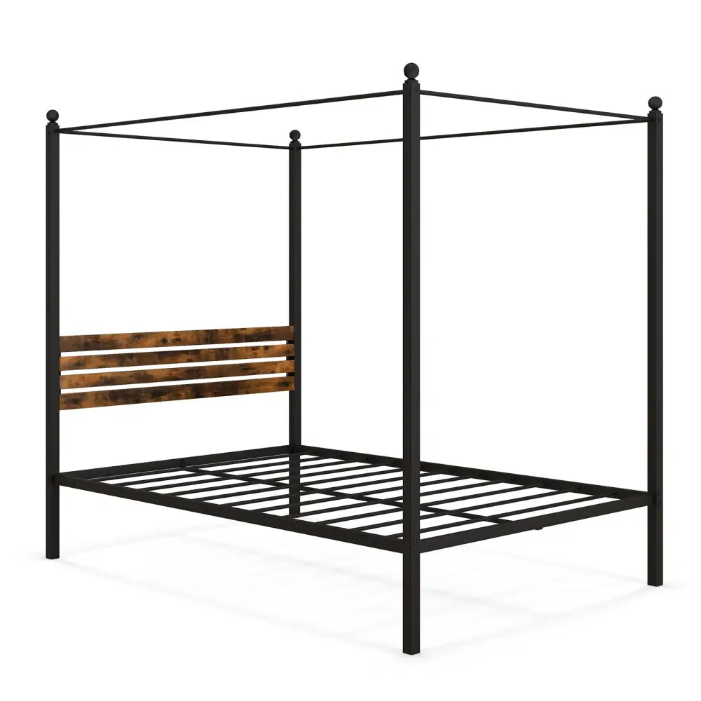 Queen Size Canopy Bed Frame with Under Bed Storage-Full Size - Rustic Brown - Simple Bed Frame