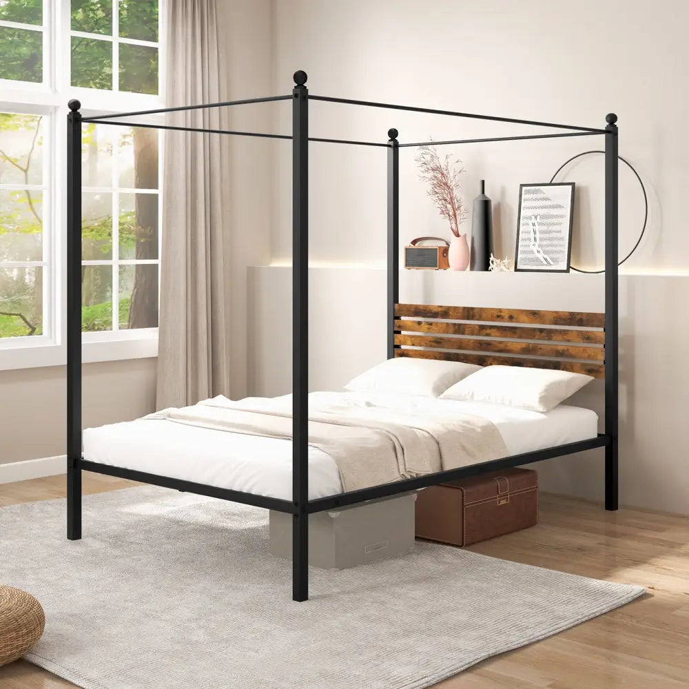 Queen Size Canopy Bed Frame with Under Bed Storage-Full Size - Rustic Brown - Simple Bed Frame