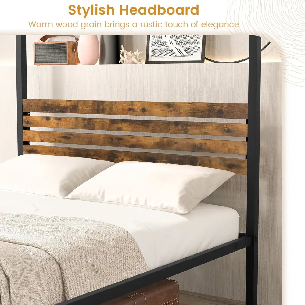 Queen Size Canopy Bed Frame with Under Bed Storage-Full Size - Rustic Brown - Simple Bed Frame