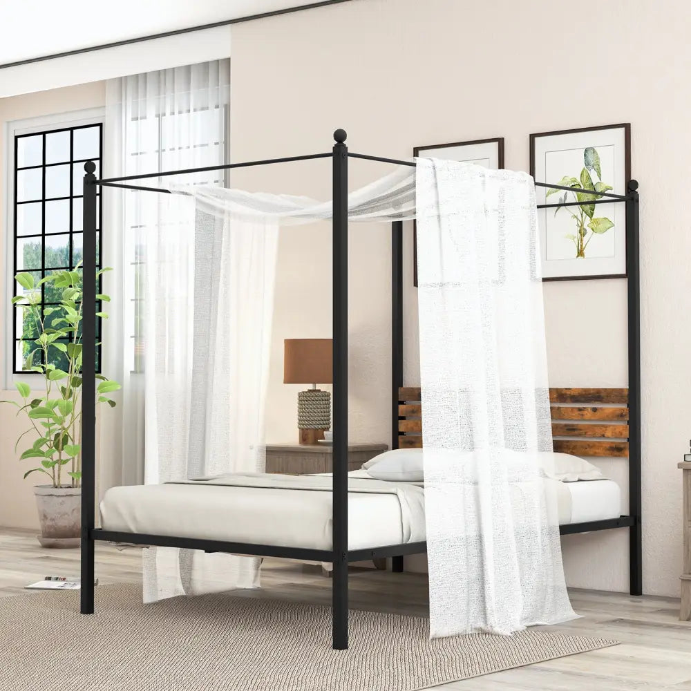 Queen Size Canopy Bed Frame with Under Bed Storage-Full Size - Rustic Brown - Simple Bed Frame