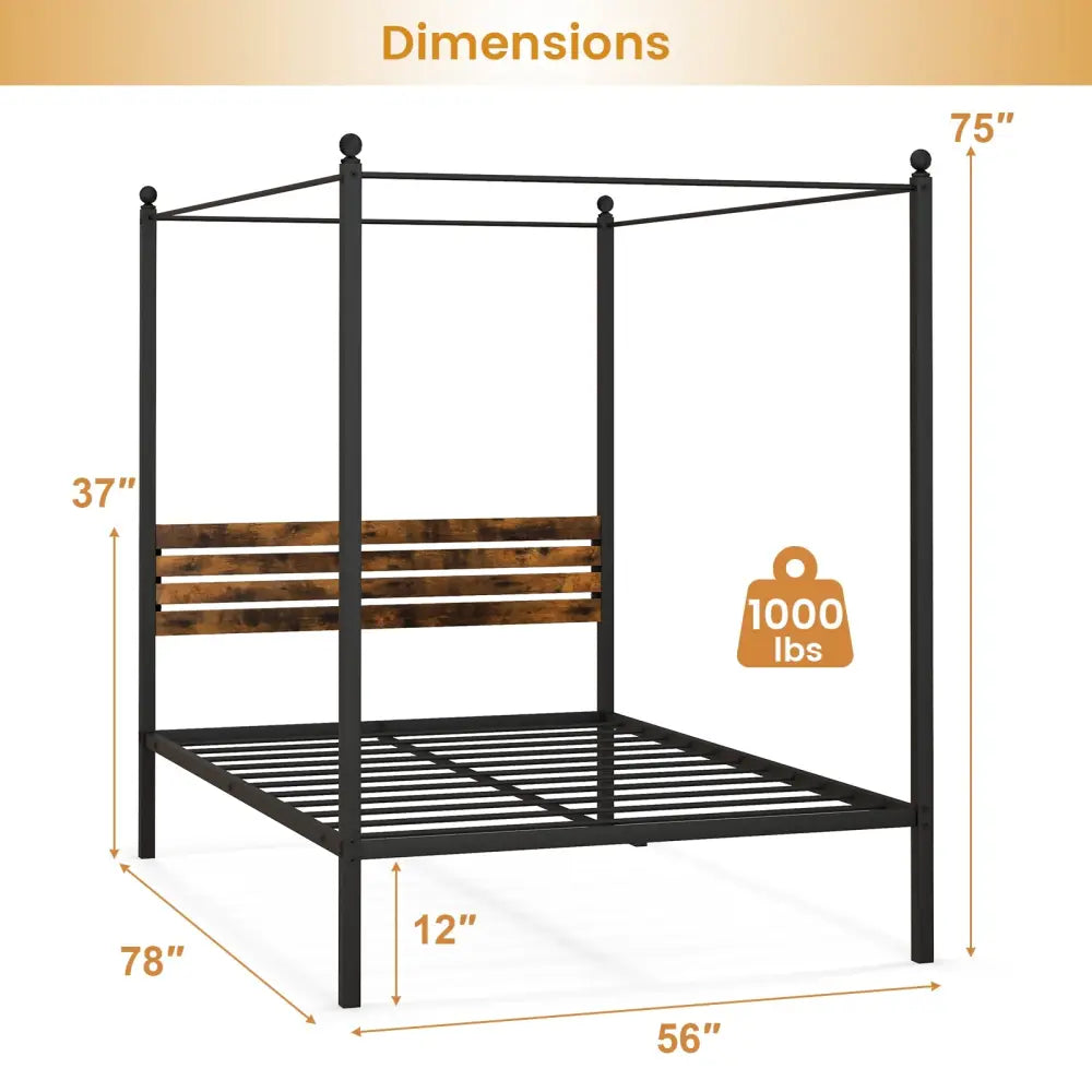 Queen Size Canopy Bed Frame with Under Bed Storage-Full Size - Rustic Brown - Simple Bed Frame
