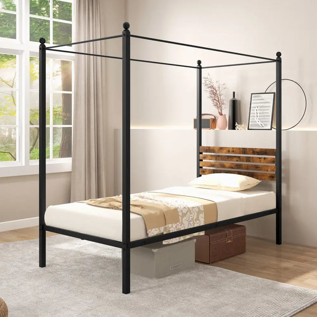 Queen Size Canopy Bed Frame with Under Bed Storage-Twin Size - Rustic Brown - Simple Bed Frame