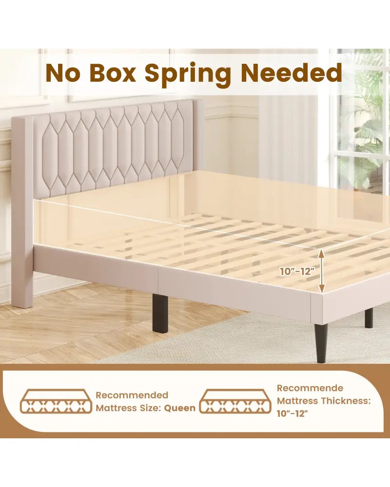 Queen Size Dutch Velvet/Linen Fabric Upholstered Platform Bed with Wingback Headboard and Wooden Slat Support-Beige