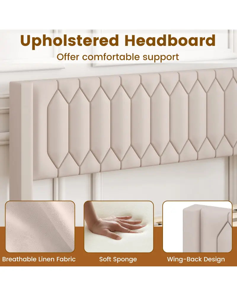 Queen Size Dutch Velvet/Linen Fabric Upholstered Platform Bed with Wingback Headboard and Wooden Slat Support-Beige