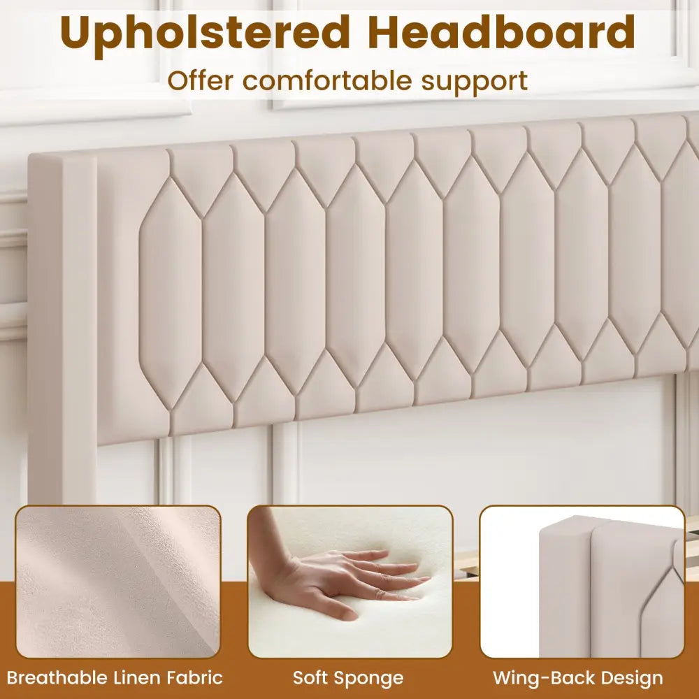 Queen Size Dutch Velvet/Linen Fabric Upholstered Platform Bed with Wingback Headboard and Wooden Slat Support-Beige