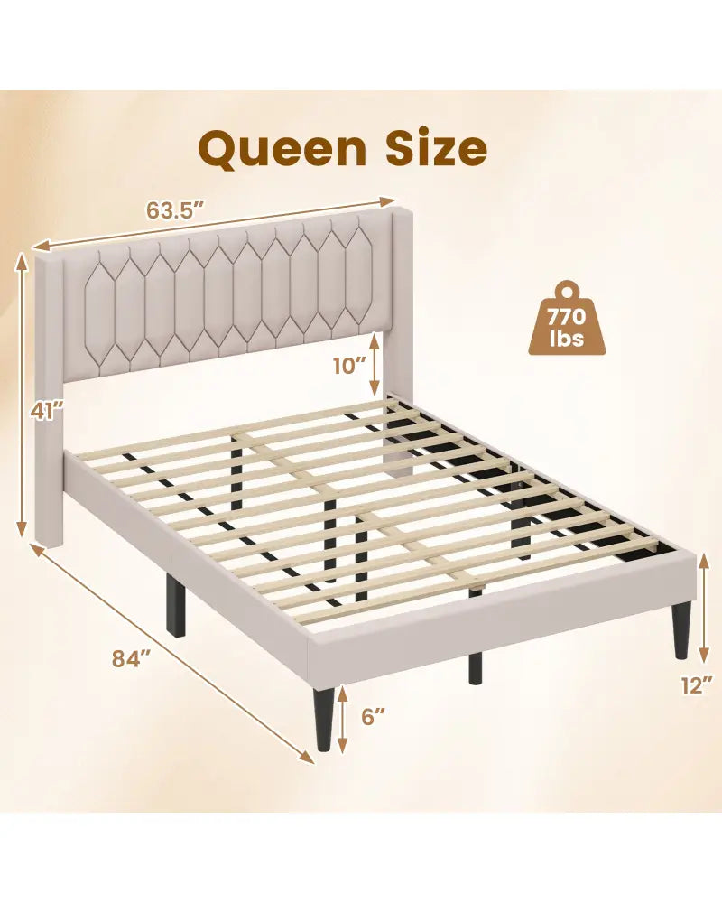 Queen Size Dutch Velvet/Linen Fabric Upholstered Platform Bed with Wingback Headboard and Wooden Slat Support-Beige