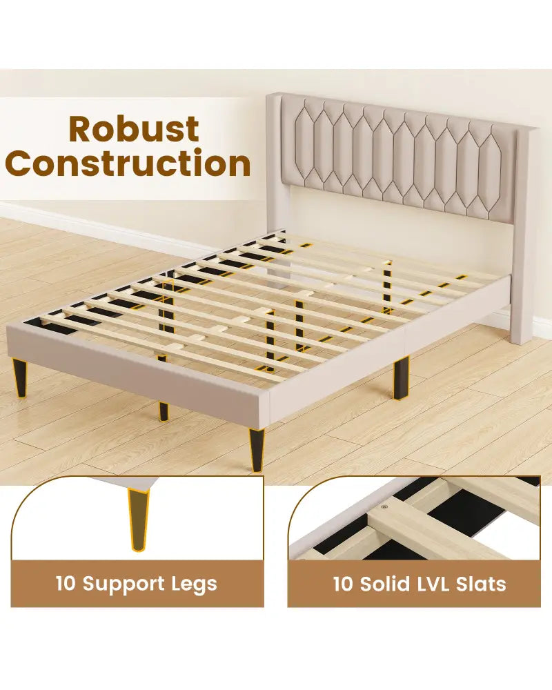 Queen Size Dutch Velvet/Linen Fabric Upholstered Platform Bed with Wingback Headboard and Wooden Slat Support-Beige