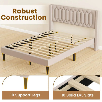 Queen Size Dutch Velvet/Linen Fabric Upholstered Platform Bed with Wingback Headboard and Wooden Slat Support-Beige
