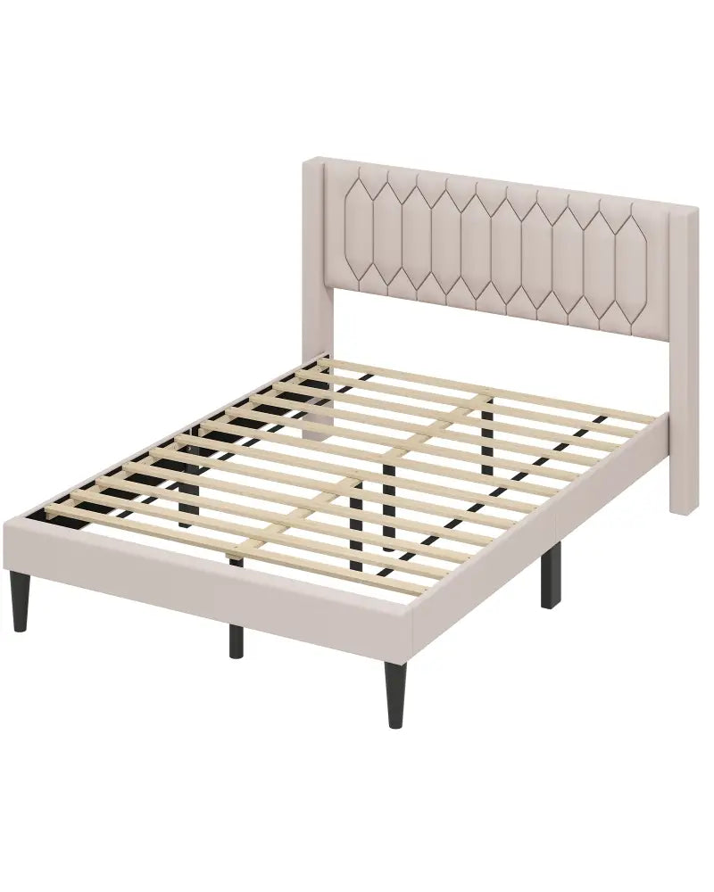 Queen Size Dutch Velvet/Linen Fabric Upholstered Platform Bed with Wingback Headboard and Wooden Slat Support-Beige