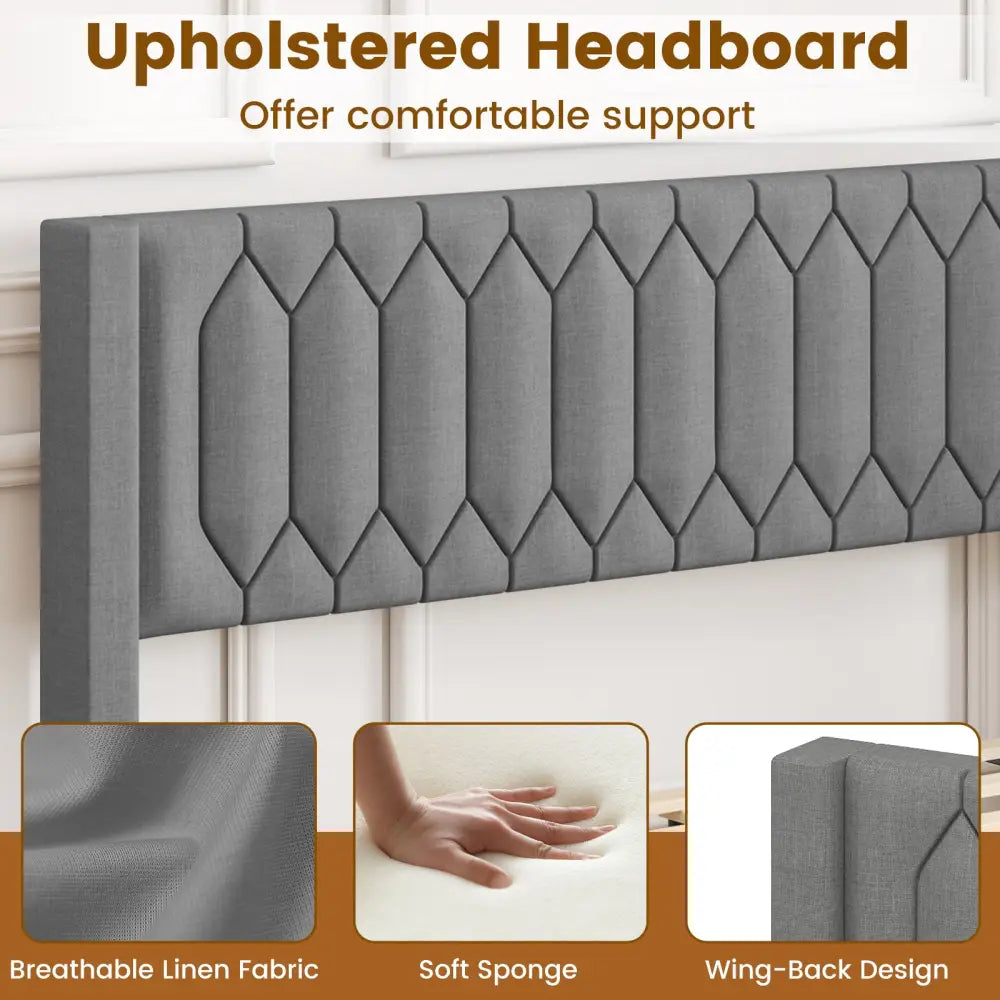 Queen Size Dutch Velvet/Linen Fabric Upholstered Platform Bed with Wingback Headboard and Wooden Slat Support-Grayã€
