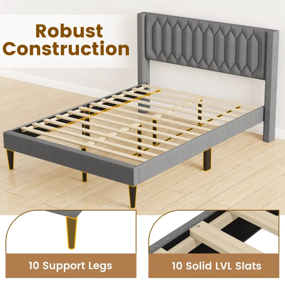 Queen Size Dutch Velvet/Linen Fabric Upholstered Platform Bed with Wingback Headboard and Wooden Slat Support-Grayã€