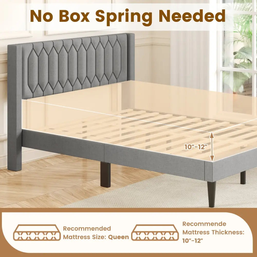 Queen Size Dutch Velvet/Linen Fabric Upholstered Platform Bed with Wingback Headboard and Wooden Slat Support-Grayã€