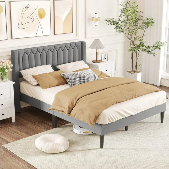 Queen Size Dutch Velvet/Linen Fabric Upholstered Platform Bed with Wingback Headboard and Wooden Slat Support-Grayã€