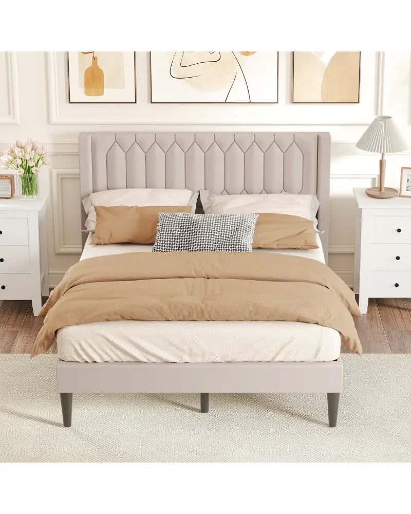 Queen Size Dutch Velvet/Linen Fabric Upholstered Platform Bed with Wingback Headboard and Wooden Slat Support-Beige