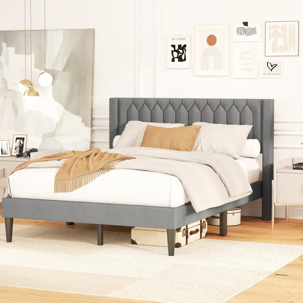 Queen Size Dutch Velvet/Linen Fabric Upholstered Platform Bed with Wingback Headboard and Wooden Slat Support-Grayã€