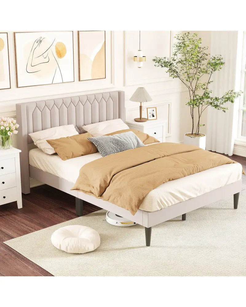 Queen Size Dutch Velvet/Linen Fabric Upholstered Platform Bed with Wingback Headboard and Wooden Slat Support-Beige