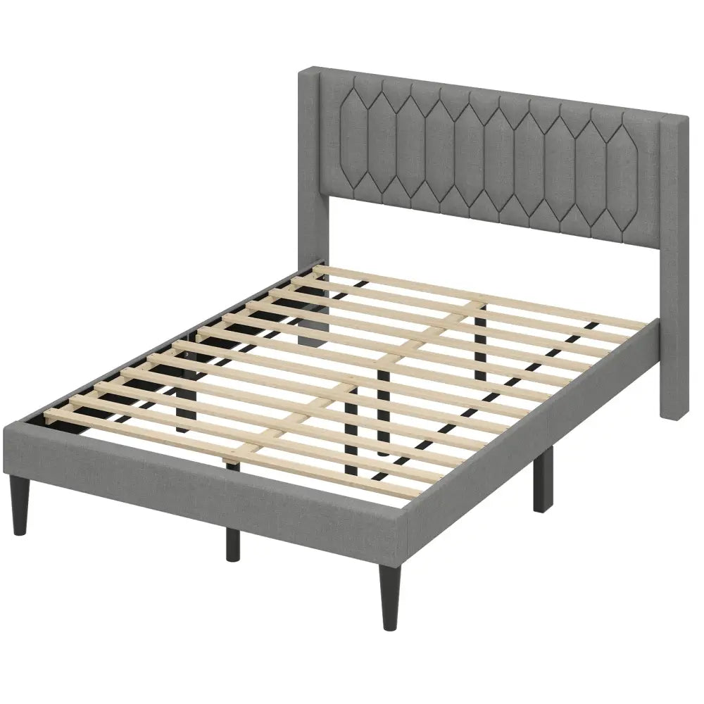 Queen Size Dutch Velvet/Linen Fabric Upholstered Platform Bed with Wingback Headboard and Wooden Slat Support-Grayã€