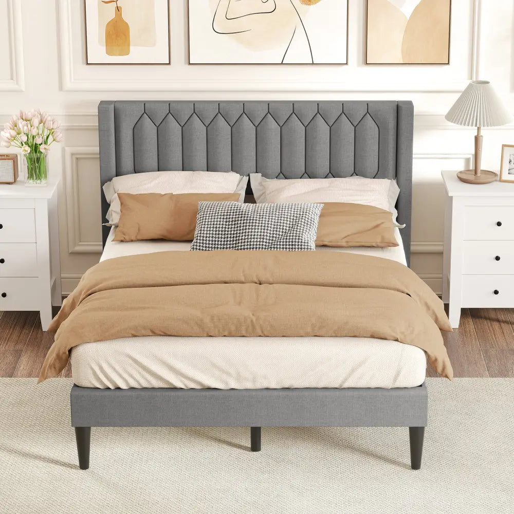Queen Size Dutch Velvet/Linen Fabric Upholstered Platform Bed with Wingback Headboard and Wooden Slat Support-Grayã€