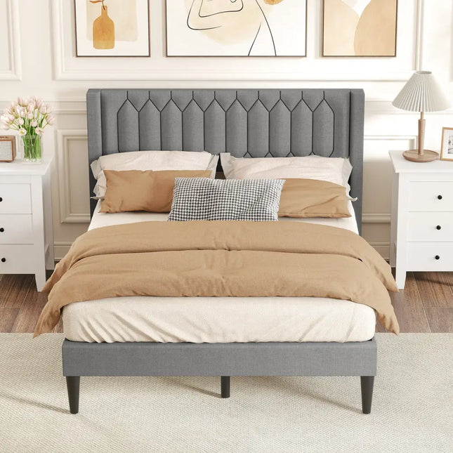 Queen Size Dutch Velvet/Linen Fabric Upholstered Platform Bed with Wingback Headboard and Wooden Slat Support-Grayã€