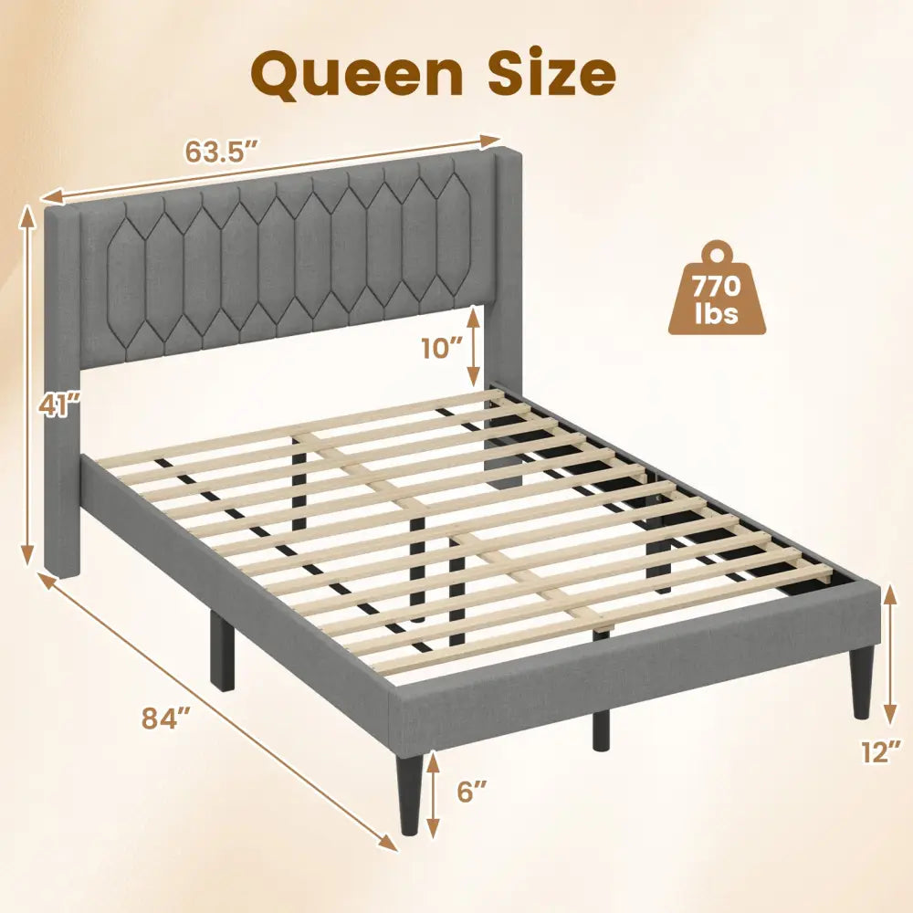 Queen Size Dutch Velvet/Linen Fabric Upholstered Platform Bed with Wingback Headboard and Wooden Slat Support-Grayã€