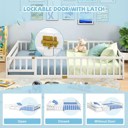 Queen Size Floor Bed Kids Montessori Bed Frame with Full Length Safety Guardrails-White - White - Simple Bed Frame