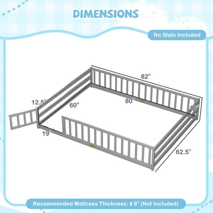 Queen Size Floor Bed Kids Montessori Bed Frame with Full Length Safety Guardrails-Gray - Gray - Simple Bed Frame