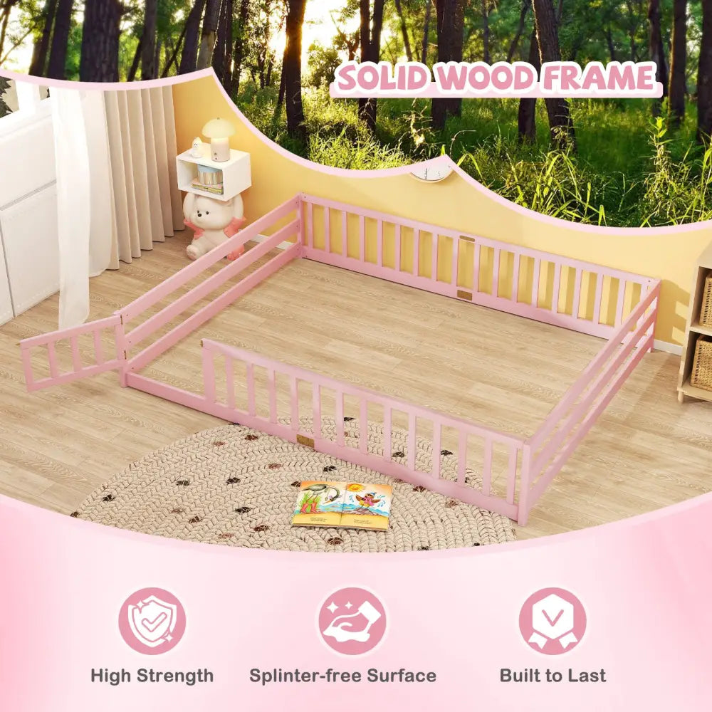 Queen Size Floor Bed Kids Montessori Bed Frame with Full Length Safety Guardrails-Pink - Pink - Simple Bed Frame