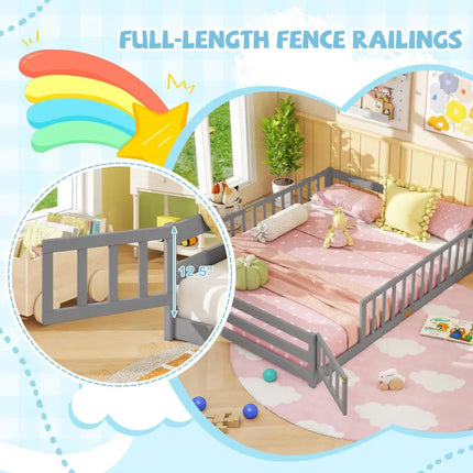 Queen Size Floor Bed Kids Montessori Bed Frame with Full Length Safety Guardrails-Gray - Gray - Simple Bed Frame