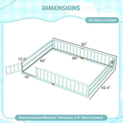 Queen Size Floor Bed Kids Montessori Bed Frame with Full Length Safety Guardrails-Green - Green - Simple Bed Frame
